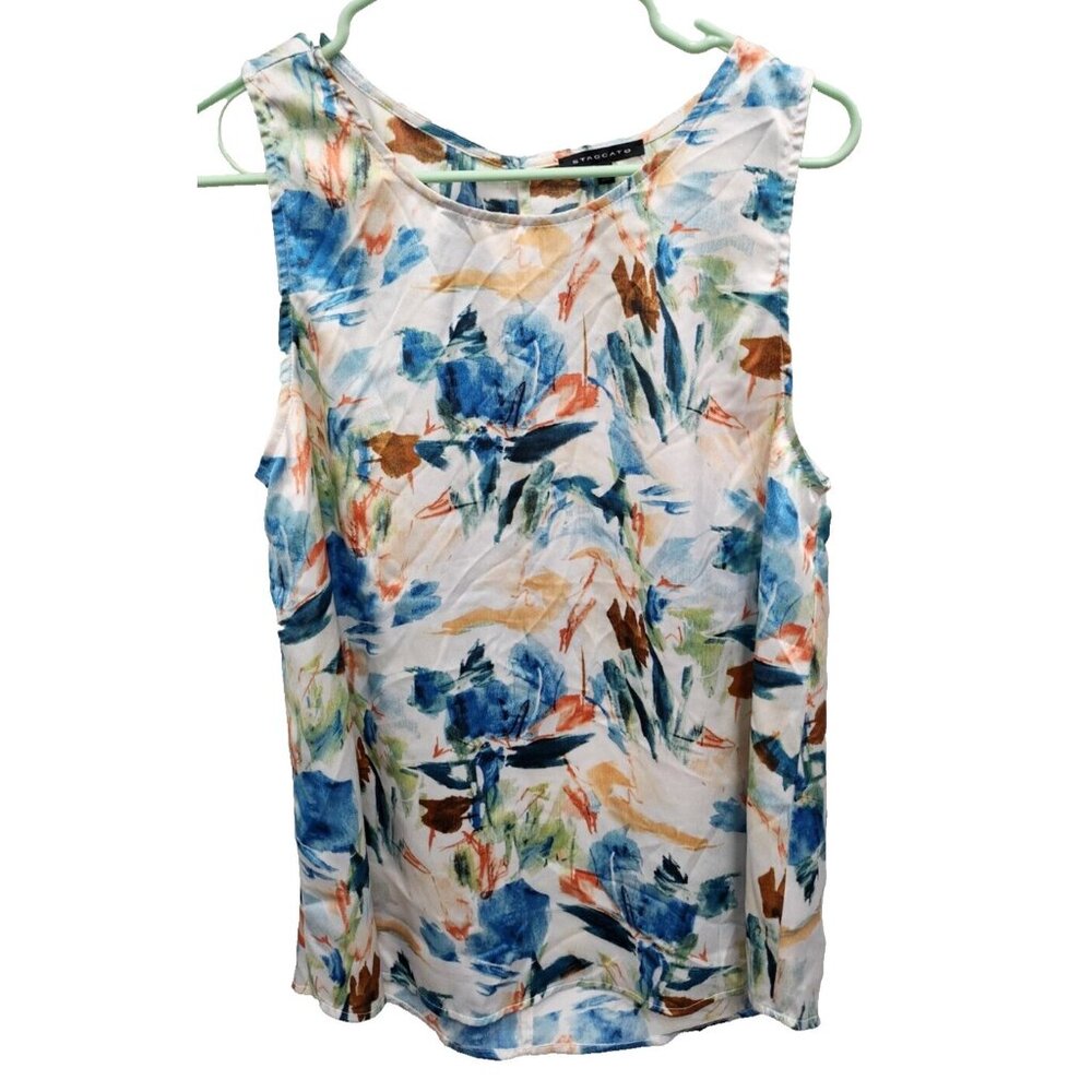 Staccato Womens BOHO Blouse Top Medium Blue White Floral Satin Sleeveless